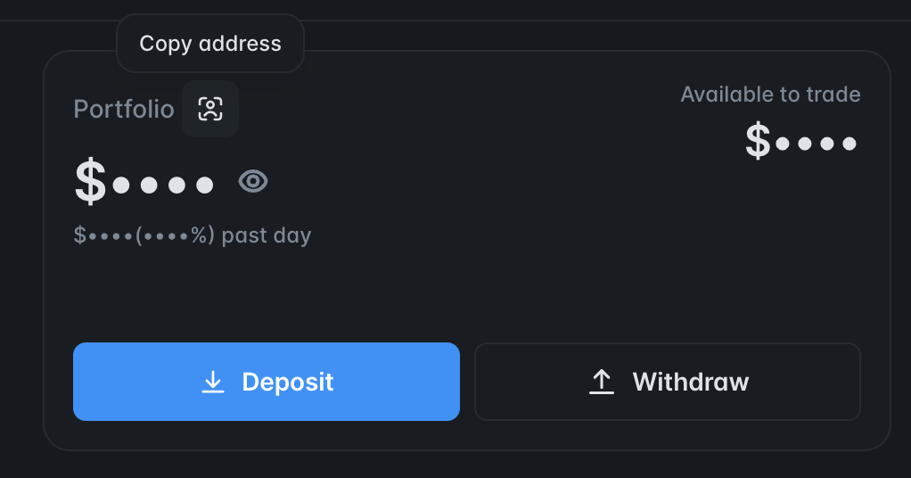 Polymarket portfolio balance card with the copy address icon highlighted.